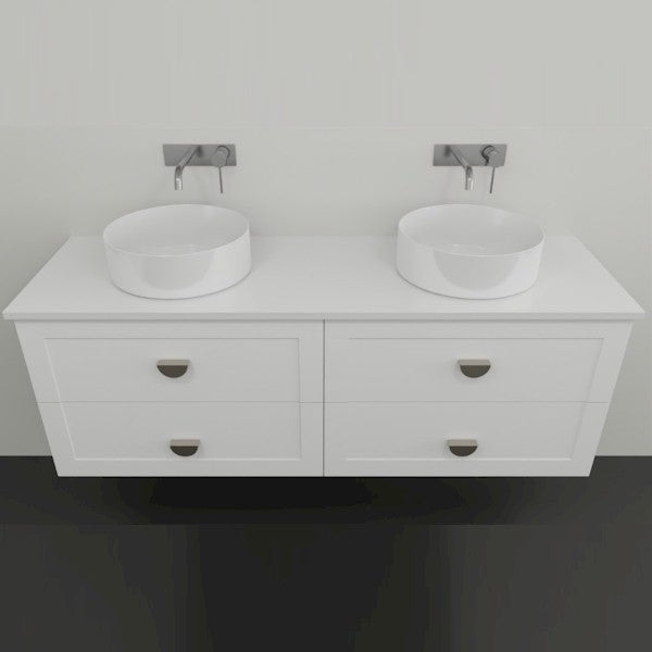Marquis Provincial wall hung vanity in matte white, shown front-on with double drawers, two round basins and chrome tapware