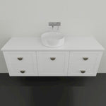 Marquis Provincial wall hung vanity in matte white with shaker-style drawers, white top and round vessel basin, front view