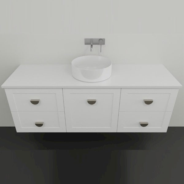 Marquis Provincial wall hung vanity in matte white with shaker-style drawers, white top and round vessel basin, front view