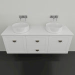 Marquis Provincial wall hung vanity in white matte, 1800mm, with shaker-style doors, central drawers, dual round basins and chrome handles
