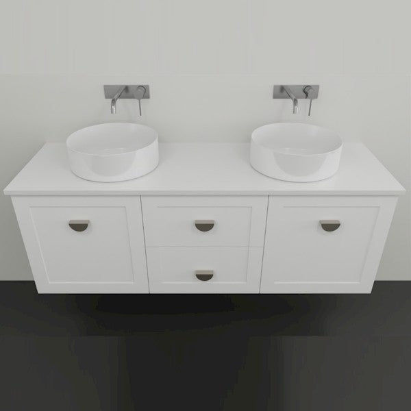 Marquis Provincial wall hung vanity in white matte, 1800mm, with shaker-style doors, central drawers, dual round basins and chrome handles