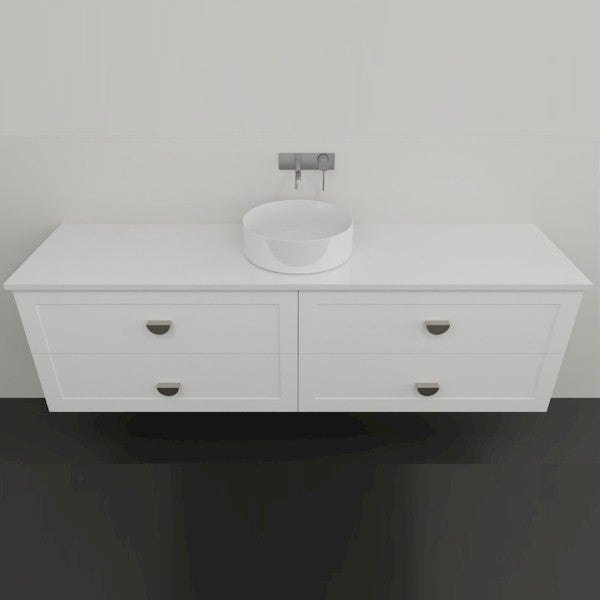 Marquis Provincial wall hung vanity in matte white, with shaker-style drawers, white basin and chrome tapware on a wall-mounted cabinet
