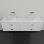 Marquis Provincial white wall hung vanity with shaker drawers, double vessel basins and chrome tapware in a bathroom