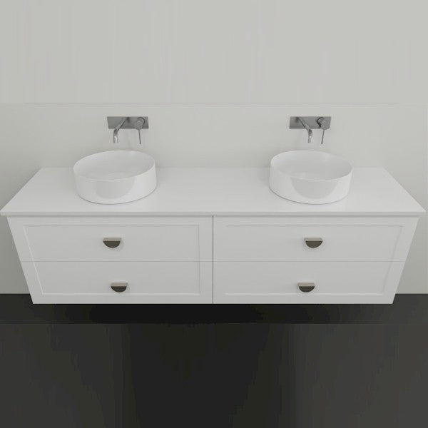 Marquis Provincial white wall hung vanity with shaker drawers, double vessel basins and chrome tapware in a bathroom