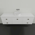 Marquis Provincial wall hung vanity in matte white with shaker-style drawers, white benchtop and round basin on a minimalist wall setting