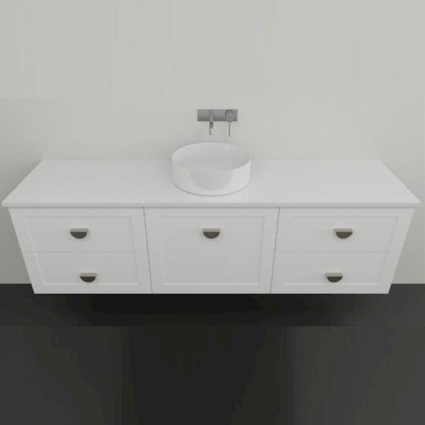 Marquis Provincial wall hung vanity in matte white with shaker-style drawers, white benchtop and round basin on a minimalist wall setting