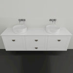 Marquis Provincial wall hung vanity in matte white with shaker-style doors, twin round basins and chrome handles