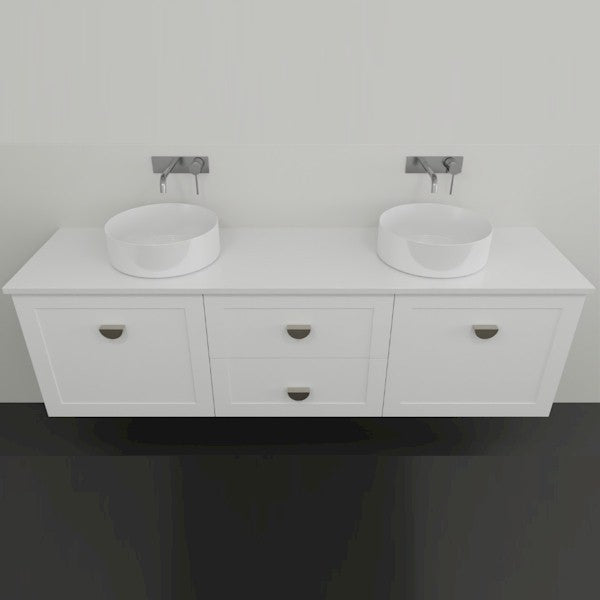 Marquis Provincial wall hung vanity in matte white with shaker-style doors, twin round basins and chrome handles