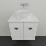 Marquis Provincial wall hung vanity in white, with shaker-style cabinet, round bowl basin and chrome handles on a plain wall