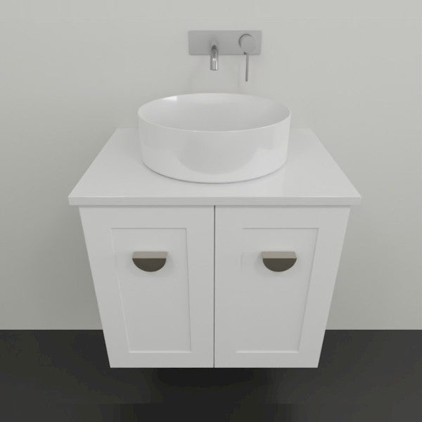 Marquis Provincial wall hung vanity in white, with shaker-style cabinet, round bowl basin and chrome handles on a plain wall