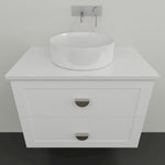 Marquis Provincial white wall hung vanity with two drawers, basin top and chrome handles, front view