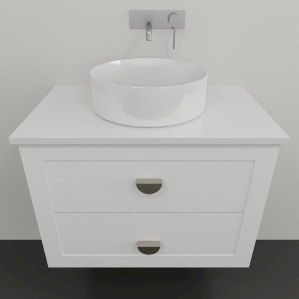 Marquis Provincial white wall hung vanity with two drawers, basin top and chrome handles, front view