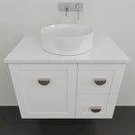 Marquis Provincial white wall hung vanity with shaker doors, round basin and chrome handles, front view