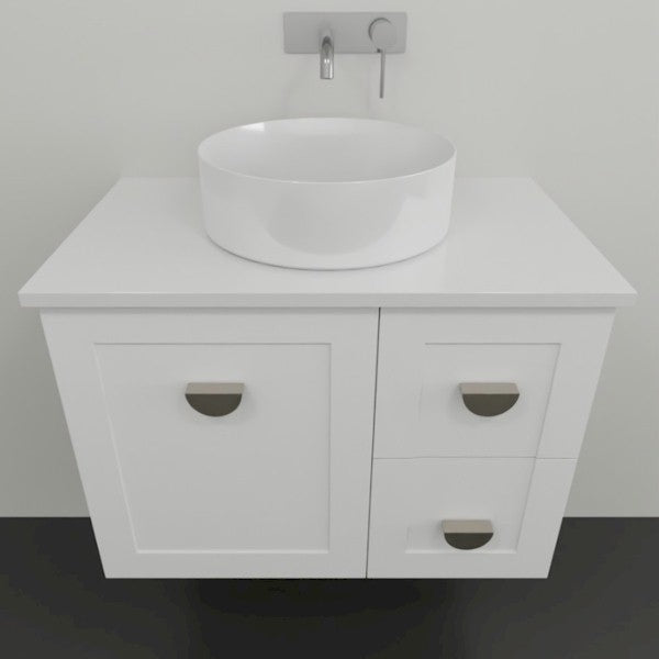 Marquis Provincial white wall hung vanity with shaker doors, round basin and chrome handles, front view