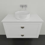 Marquis Provincial wall hung vanity in matte white, with shaker-style drawers, white benchtop and round vessel basin