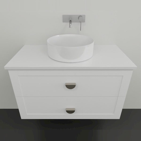 Marquis Provincial wall hung vanity in matte white, with shaker-style drawers, white benchtop and round vessel basin