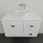 Marquis Provincial white wall hung vanity with shaker doors, round vessel basin and chrome handles shown front on