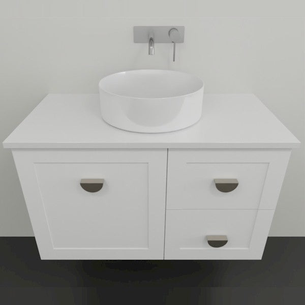 Marquis Provincial white wall hung vanity with shaker doors, round vessel basin and chrome handles shown front on