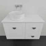 Marquis Provincial white wall hung vanity with centre basin, shaker-style doors and brushed metal handles, front view