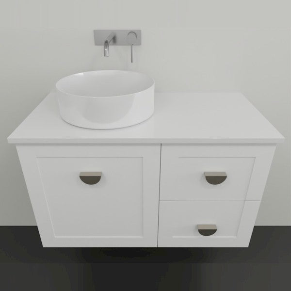 Marquis Provincial white wall hung vanity with centre basin, shaker-style doors and brushed metal handles, front view