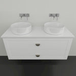 Marquis Provincial wall hung vanity in matte white, shown front-on with twin oval basins and chrome handles