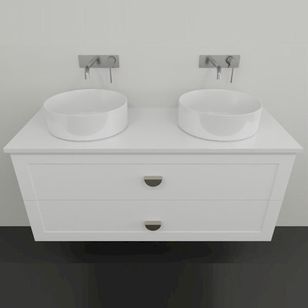 Marquis Provincial wall hung vanity in matte white, shown front-on with twin oval basins and chrome handles