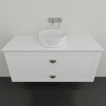 Marquis Provincial wall hung vanity in matte white with double drawers, flat top and round above-counter basin, front view