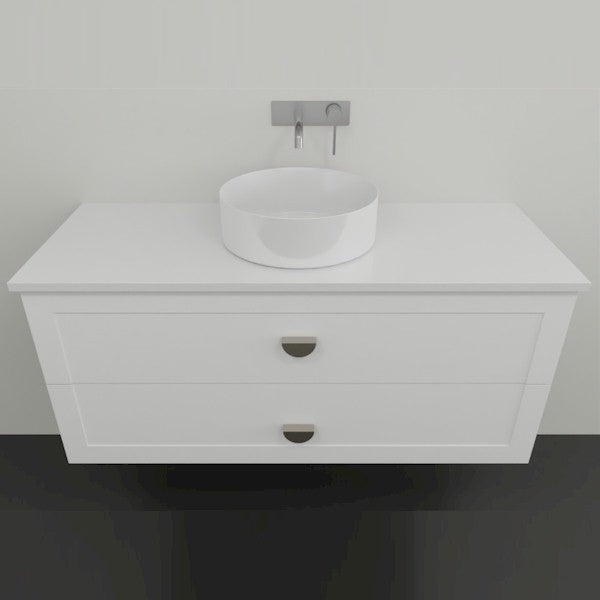 Marquis Provincial wall hung vanity in matte white with double drawers, flat top and round above-counter basin, front view