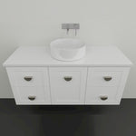 Marquis Provincial wall hung vanity in matte white, 1500mm, with centre bowl and polished chrome handles shown front on