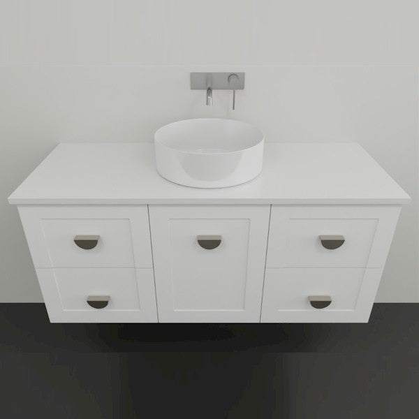 Marquis Provincial wall hung vanity in matte white, 1500mm, with centre bowl and polished chrome handles shown front on