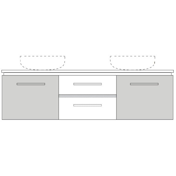 Marquis Riviera wall hung vanity with centre drawers, grey side doors and white top, shown in technical drawing view