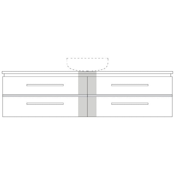 Marquis Riviera wall hung vanity technical drawing, front view with centre basin cut-out and four drawers￼