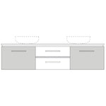 Marquis Riviera wall hung vanity in white, front view, with three drawers and twin basin cut-outs shown dashed above