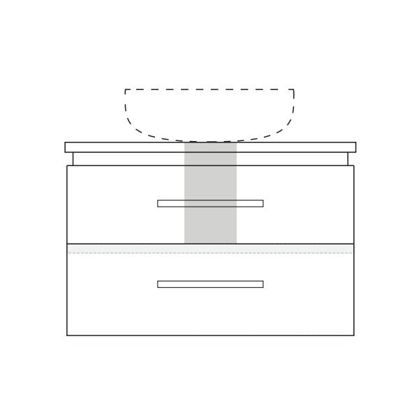 Marquis Riviera wall hung vanity technical drawing with centre basin and two drawer fronts in white finish