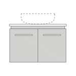 Marquis Riviera wall hung vanity in white, front view with double doors, benchtop and above-counter basin outline