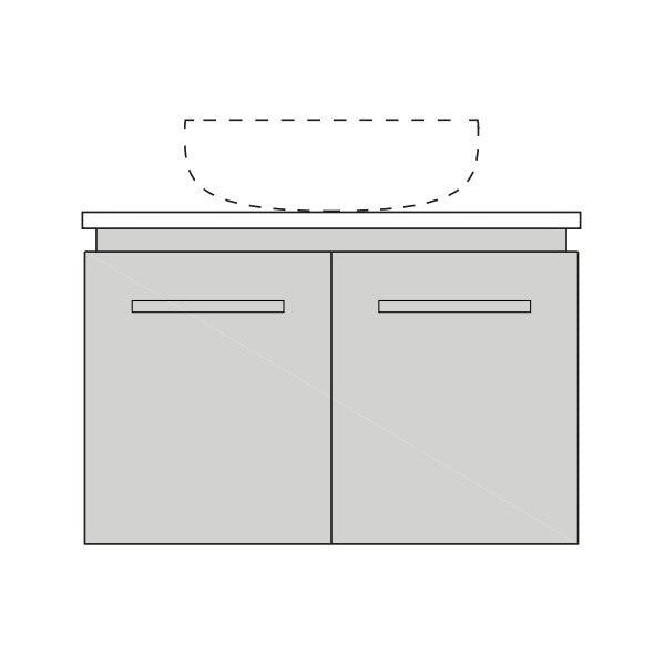 Marquis Riviera wall hung vanity in white, front view with double doors, benchtop and above-counter basin outline