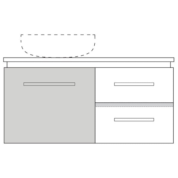 Marquis Riviera wall hung vanity with centre basin, grey and white cabinet, recessed fingerpulls, front view