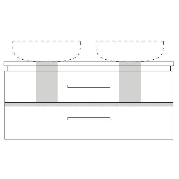 Marquis Riviera wall hung vanity drawing, 1500mm double bowl, white finish with two drawers and benchtop detail