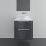 Marquis Salamander wall hung vanity in dark woodgrain finish with white benchtop, basin and drawer fronts visible