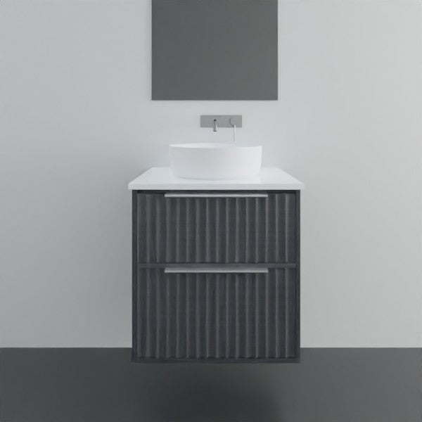 Marquis Salamander wall hung vanity in dark woodgrain finish with white benchtop, basin and drawer fronts visible