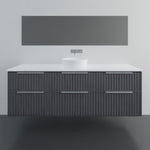 Marquis Salamander wall hung vanity with white benchtop, black fluted drawers and centred basin, front view