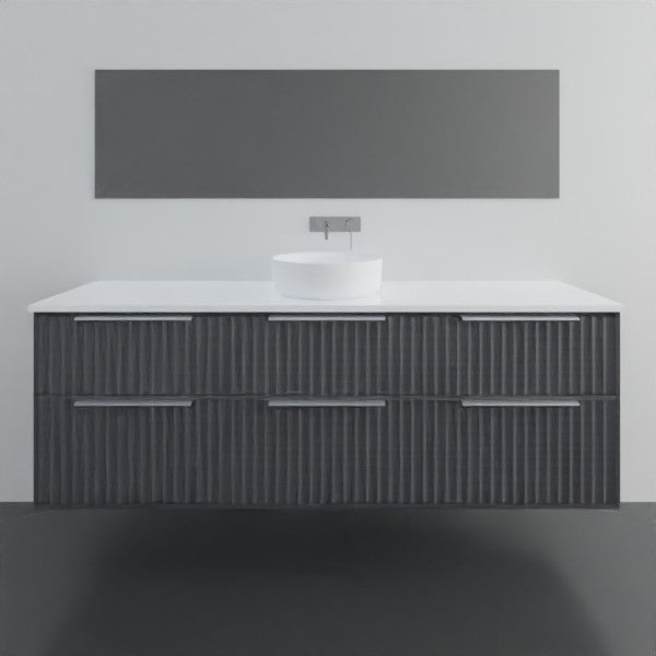 Marquis Salamander wall hung vanity with white benchtop, black fluted drawers and centred basin, front view