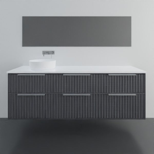 Marquis Salamander wall hung vanity with white benchtop, dark woodgrain drawers and above-counter basin￼