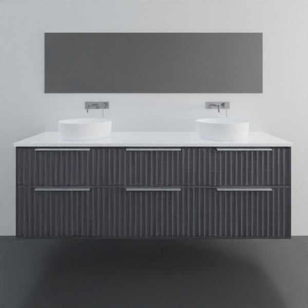 Marquis Salamander wall hung vanity with white top, twin round basins and ribbed dark woodgrain drawers on a wall-mounted cabinet
