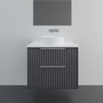 Marquis Salamander wall hung vanity in dark woodgrain with white top and round basin, front view