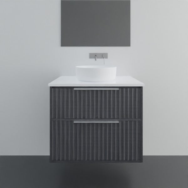 Marquis Salamander wall hung vanity in dark woodgrain with white top and round basin, front view