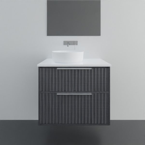 Marquis Salamander wall hung vanity in dark woodgrain with white top and round basin, front view
