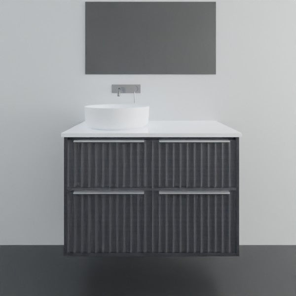 Marquis Salamander wall hung vanity in dark woodgrain finish with white top and offset bowl, front view