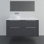Marquis Salamander wall hung vanity in dark woodgrain finish with white benchtop and round basin, front view