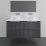 Marquis Salamander wall hung vanity in dark woodgrain finish with white benchtop and twin round basins